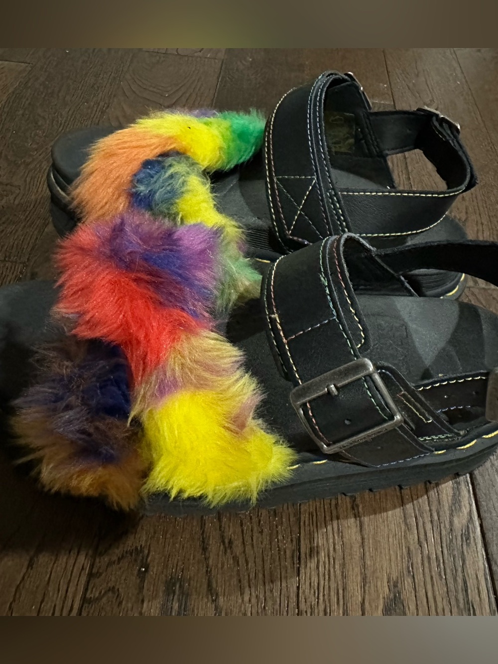 Dr. Martens Voss II Fluffy Rainbow Faux Fur Sandals.